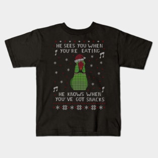 he sees you when you're eating, he knows when you've got snacks - green ringneck Kids T-Shirt